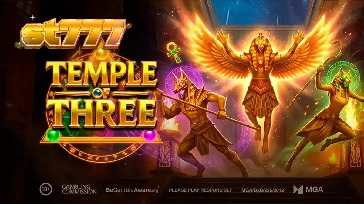 Tampilan visual slot Temple of Three dengan tema kuil Mesir kuno